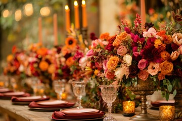 Autumnal wedding reception centerpiece, rustic table setting, candlelight, blurred background