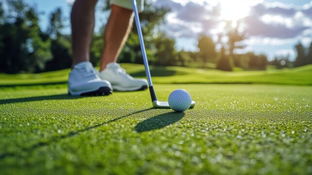 A golf player lining up a putt on the green, focused on the ball