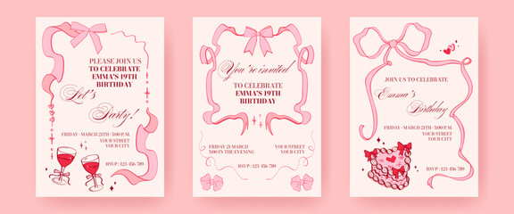 Collection of birthday invitations in coquette style. Aesthetic vintage templates with ribbon frames, bows, and decorative elements. Cute stylish girly party invitation designs for print or web use.