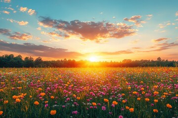 Naklejka premium The countryside is transformed by the warm golden hour, with dry wildflowers and grasses dominating a meadow scene that is tranquil and framed by autumnal foliage. Soft sunlight bathes the landscape