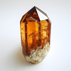 Photo of an orange and brown tourmaline crystal on a white background, isolated with margins showing the full crystal structure. 