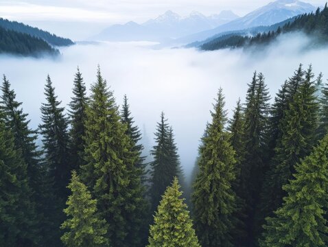 Aerial View of Misty Swiss Valley with Fog Rolling Over Forest and Mountains