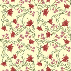 Seamless pattern watercolor flowers hand painted with light yellow background textile wrapping paper illustration repeatable