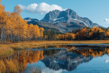 Obraz premium Autumn landscape in Rondane National Park, featuring the mountains Hogronden, Midtronden, and Digerronden, along Doralen and Doralseter, Norway, Europe