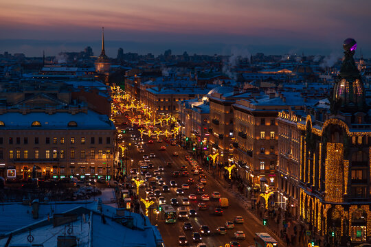 Aerial view of festively decorated Nevsky Prospect and the House of Books from the Dumskaya Tower.