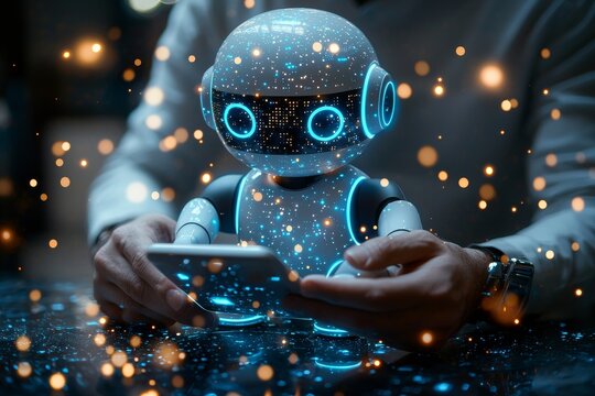 An AI Chatbot serves as intelligent digital customer service. A businessman employs a smartphone with the Chatbot app to automatically answer online messages, assisting customers promptly