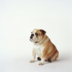 Obraz premium Realistic photograph of a full-body English Bulldog, against a solid, stark white background, with focused lighting. 