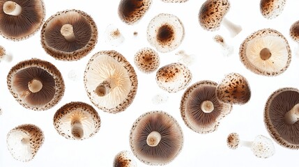 Falling mushrooms, white background, studio shot, food photography