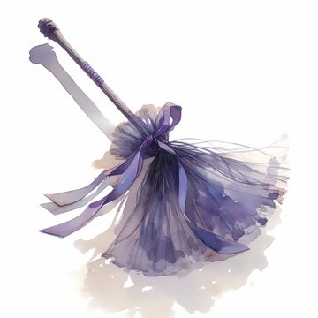Elegant Purple Tulle Broom Watercolor Painting Artistic Bridal Decor Wedding Accessory Illustration