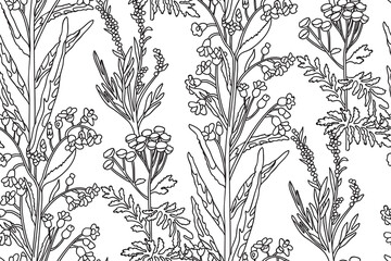 Line art botanical abstract seamless plant pattern with wildflowers vector illustration. Black and white outline repeating floral background. Graphic design for Wallpaper Textile Print Cover Card