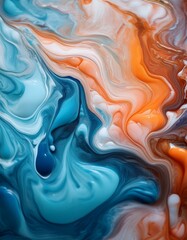 Obraz premium 複数の絵の具が水面で混ざり合い、マーブル状の流れを作るテクスチャ