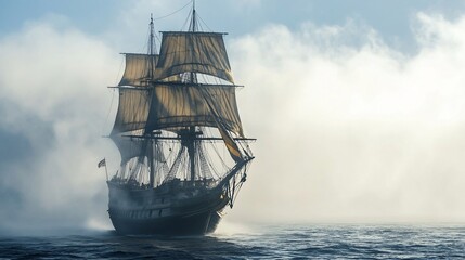 Sailing ship, foggy sea, ocean voyage, dramatic clouds, historical travel