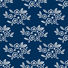 Seamless pattern of floral element. White flowers on dark blue background. Bouquets of flowers and leaves in country style. Romantic graceful floral vector ornament. Vintage delicate embroidery