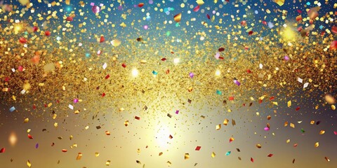 Sparkling gold confetti falls from the sky in a colorful flutter