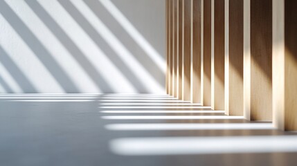 Obraz premium Sunlight streams through wooden room divider, illuminating minimalist interior