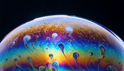 薄い膜の表面に虹色が揺らめくシャボン玉のクローズアップ