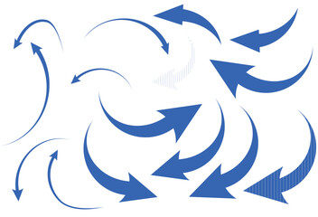 blue flat curved arrow icon sheet Illustrator. Different arrow indicator symbols design vector art