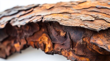 Rusted metal sheet texture detail, close-up, white background, industrial decay