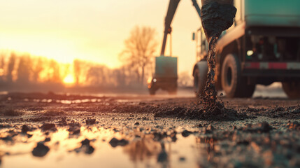 A massive steel pipe ejects thick oil into a muddy landscape as dusk falls, illustrating the tension between energy production and environmental pollution amid an economic surge