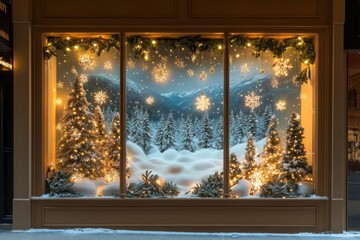 Festive Holiday Window Display with Snowy Forest Scene and Twinkling Lights in a Cozy Winter Wonderland Setting