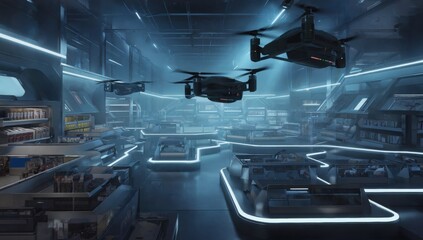 Autonomous delivery drones flying inside a futuristic supermarket or grocery store carrying groceries, showcasing the future of retail and automated delivery systems