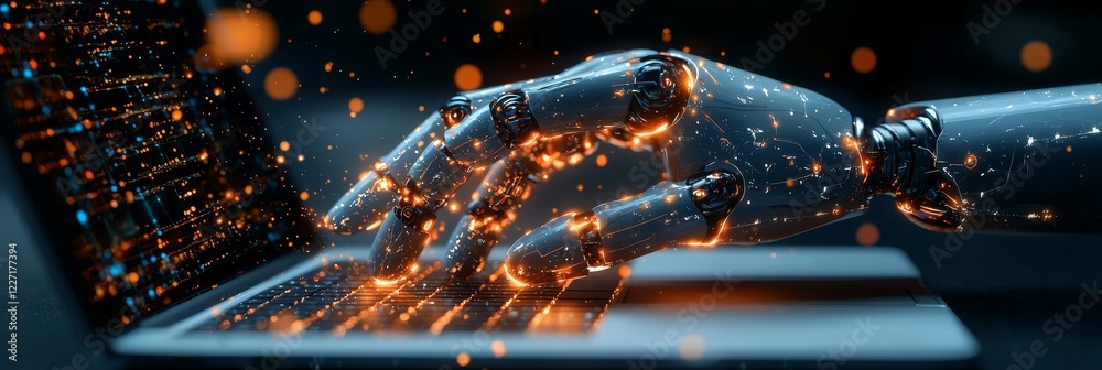Poster hands of a robot using a laptop connected to a big data network
