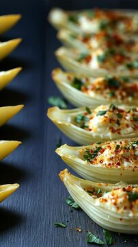 Delicious stuffed pasta shells prepared with creamy filling and topped with herbs on a dark wooden surface