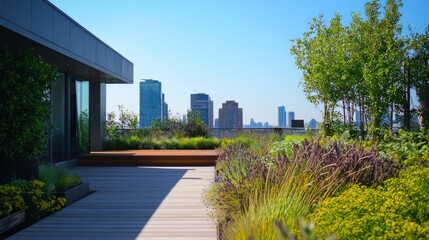 A peaceful green rooftop garden with a wooden deck and vibrant plants under a clear sky