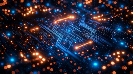 Obraz premium In a futuristic 3D concept, abstract digital graphics are depicted with AI and Big Data Technology as the background, including cityscape, information digitalization lines, and stock