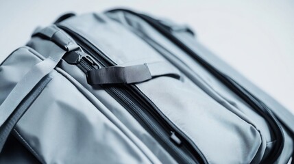 Grey duffel bag detail, studio shot, minimalist background, travel
