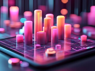 Vibrant 3D Bar Graph Display Emerging from a Tablet Screen in a Chaotic Digital Environment