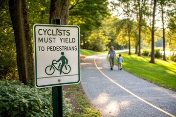 A sign instructs cyclists to yield to pedestrians on a scenic path surrounded by greenery, with people walking in the background.