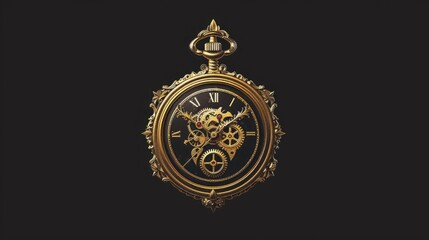 Naklejka premium A golden pocket watch with the face open, digital illustration, black background 