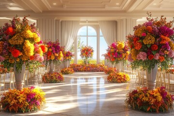 Grand ballroom wedding, autumn flowers, ocean view, elegant decor