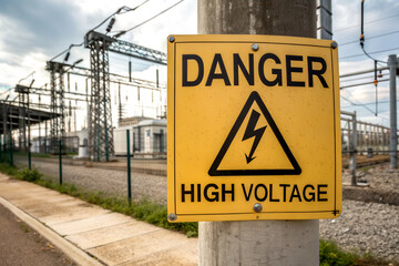 A warning sign indicating "Danger High Voltage" near an electrical facility, emphasizing safety around high voltage areas.