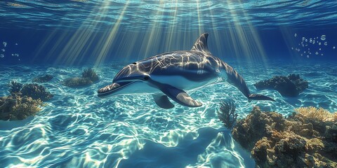 Obraz premium Graceful Dolphin Swimming in Sunlit Ocean Waters