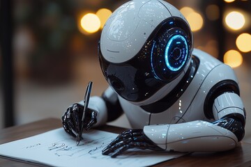 A futuristic AI robot, holding a pen, acts as a chatbot assistant. The profession's future is envisioned to be robotic