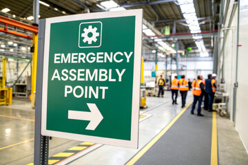 A green sign indicates the emergency assembly point in a workspace, guiding workers toward safety during an emergency situation.