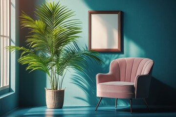 Elegant interior with pink armchair and lush green palm in a blue room