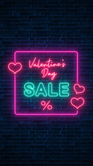 valentines day sale hearts and square frame neon lights on brick wall background, romantic love vertical social media design element