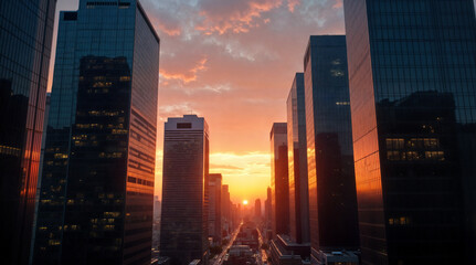 Cityscape at sunrise, skyscrapers reflecting the warm golden light. A breathtaking urban vista.
