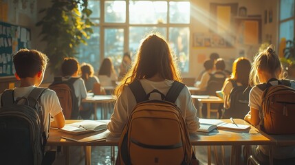 Obraz premium A diverse group of children sit at desks in a sunlit classroom, preparing for lessons. The warm light enhances their focus as they engage in learning with backpacks beside them