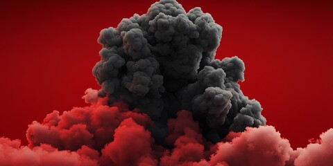 Dark smoke exploding on red background creating a dramatic scene