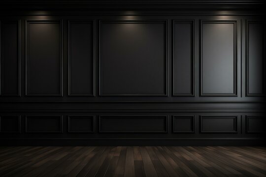 Spotlights illuminating classic black wall panels in empty room with dark wooden floor