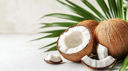 Tropical coconuts halved on white background with palm leaf