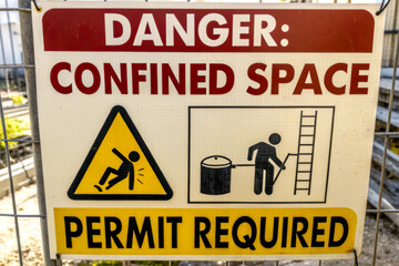 Warning sign indicating a confined space with a caution symbol, emphasizing danger and the need for a permit.