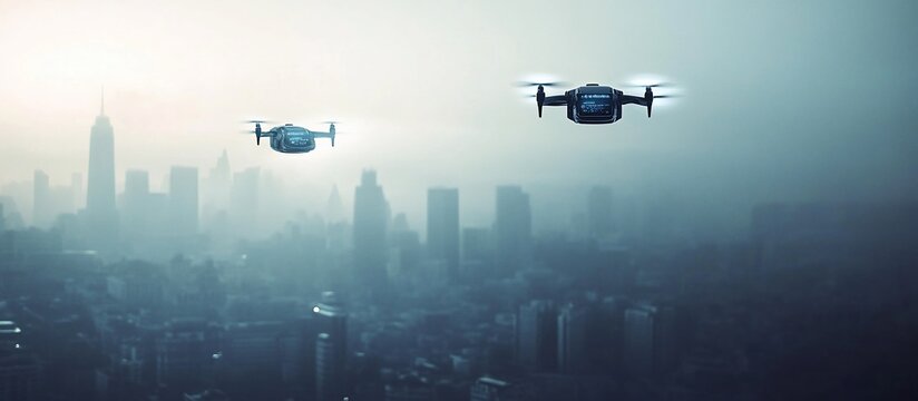 Drones flying over hazy cityscape; aerial delivery, surveillance