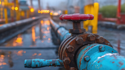 A close-up view showcases a fully opened pipeline valve, emphasizing the interplay between oil production processes and the surrounding environment