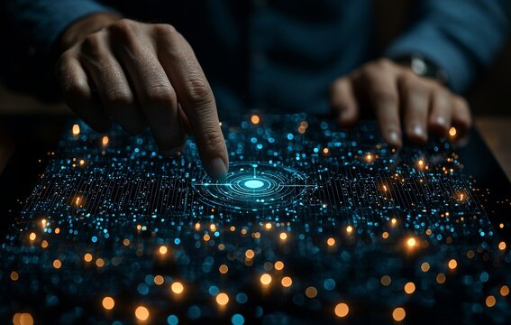 A man touches and chats with an intelligent stock technology assistant, similar to ChatGPT, to get the knowledge he seeks