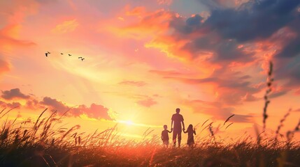 A family strolls in a vibrant field during sunset, creating lasting memories amidst nature's beauty.